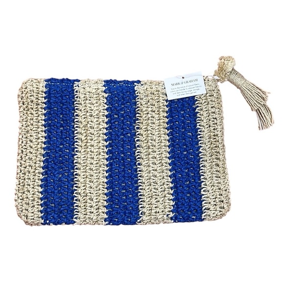 Mark & Graham Handbags - NWT Mark & Graham beige and blue CABANA STRIPE STRAW POUCH CLUTCH